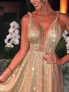 A-line V-neck Shimmer Crepe Sweep Train Beading Prom Dresses #Favs020106526
