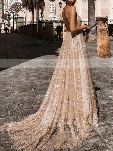 A-line V-neck Glitter Sweep Train Prom Dresses #Favs020106528