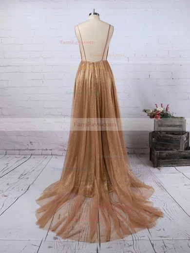 A-line V-neck Glitter Sweep Train Prom Dresses #Favs020106528