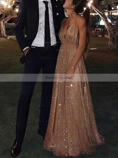 A-line V-neck Glitter Sweep Train Prom Dresses #Favs020106528