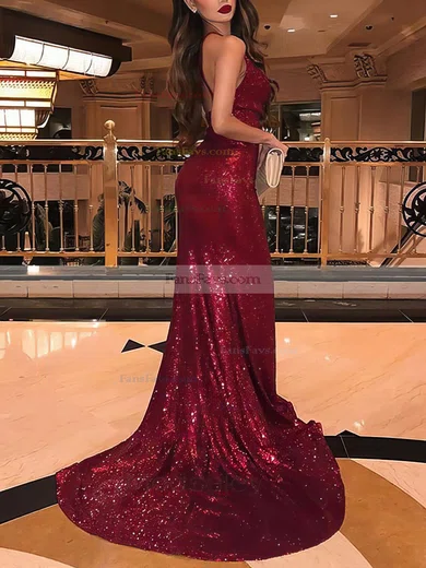 Trumpet/Mermaid Cowl Neck Sequined Sweep Train Split Front Prom Dresses #Favs020106529