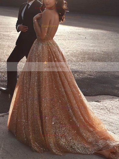 Princess V-neck Glitter Sweep Train Prom Dresses #Favs020106532