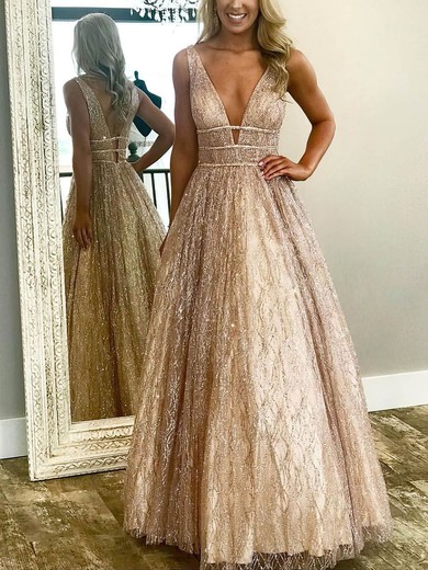 Princess V-neck Glitter Floor-length Beading Prom Dresses #Favs020106533