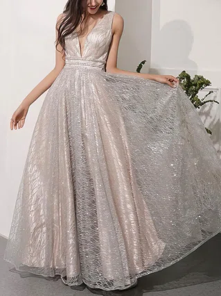 A-line V-neck Glitter Floor-length Beading Prom Dresses #Favs020106543 A-line V-neck Glitter Floor-length Beading Prom Dresses #Favs020106543