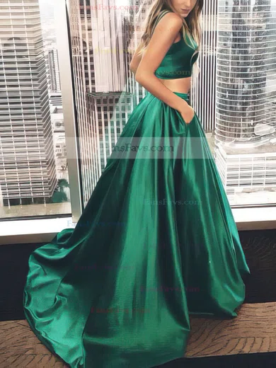 A-line Square Neckline Satin Sweep Train Pockets Prom Dresses #Favs020102754