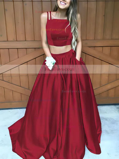 A-line Square Neckline Satin Sweep Train Pockets Prom Dresses #Favs020102754