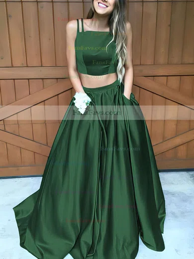 A-line Square Neckline Satin Sweep Train Pockets Prom Dresses #Favs020102754