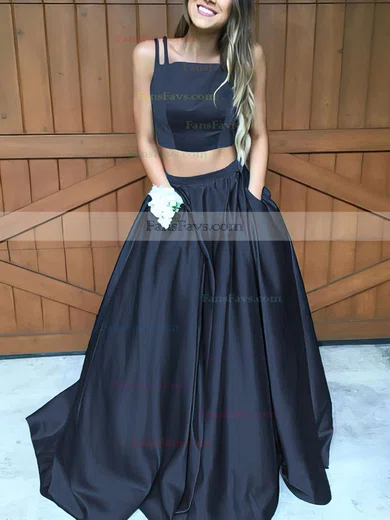 A-line Square Neckline Satin Sweep Train Pockets Prom Dresses #Favs020102754