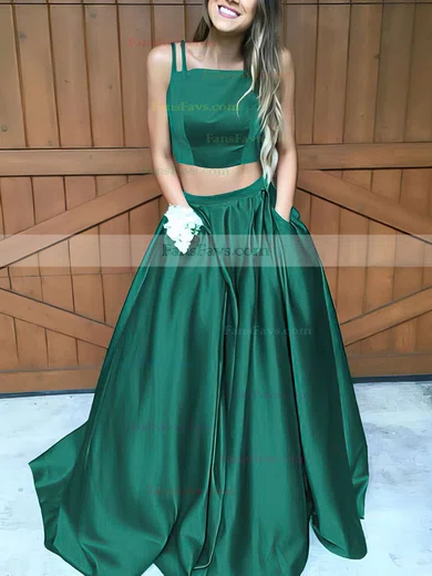 A-line Square Neckline Satin Sweep Train Pockets Prom Dresses #Favs020102754