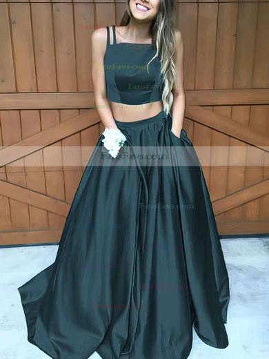A-line Square Neckline Satin Sweep Train Pockets Prom Dresses #Favs020102754