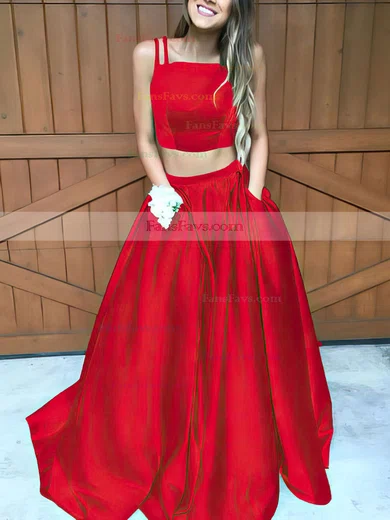 A-line Square Neckline Satin Sweep Train Pockets Prom Dresses #Favs020102754