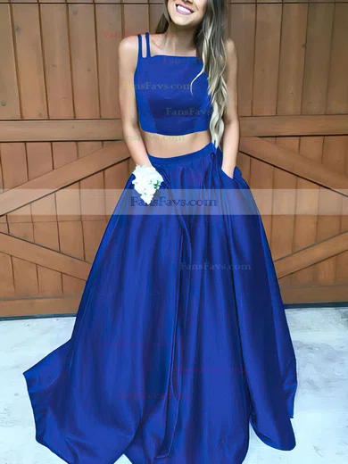 A-line Square Neckline Satin Sweep Train Pockets Prom Dresses #Favs020102754