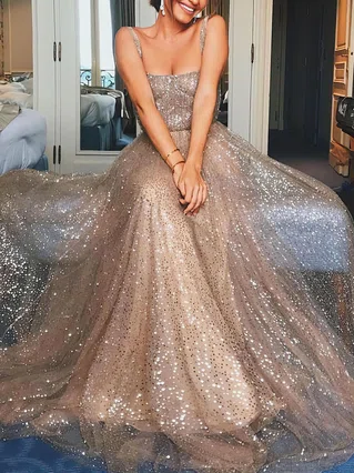 A-line Square Neckline Glitter Floor-length Prom Dresses #Favs020106553 A-line Square Neckline Glitter Floor-length Prom Dresses #Favs020106553
