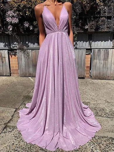 A-line V-neck Shimmer Crepe Sweep Train Pockets Prom Dresses #Favs020106554