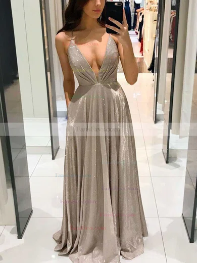 A-line V-neck Shimmer Crepe Sweep Train Pockets Prom Dresses #Favs020106554