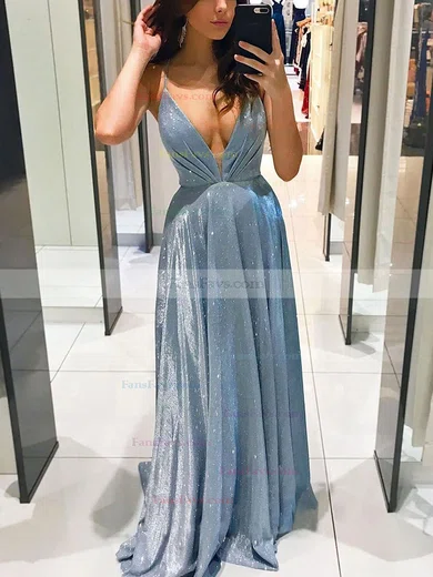 A-line V-neck Shimmer Crepe Sweep Train Pockets Prom Dresses #Favs020106554