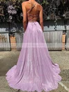 A-line V-neck Shimmer Crepe Sweep Train Pockets Prom Dresses #Favs020106554