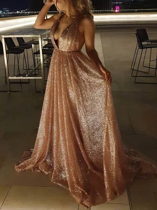 A-line V-neck Glitter Sweep Train Ruffles Prom Dresses #Favs020106556 A-line V-neck Glitter Sweep Train Ruffles Prom Dresses #Favs020106556