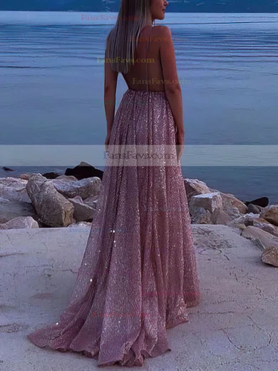 A-line V-neck Glitter Sweep Train Ruffles Prom Dresses #Favs020106556