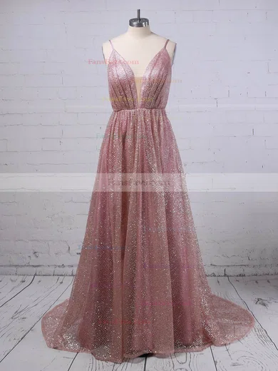 A-line V-neck Glitter Sweep Train Ruffles Prom Dresses #Favs020106556