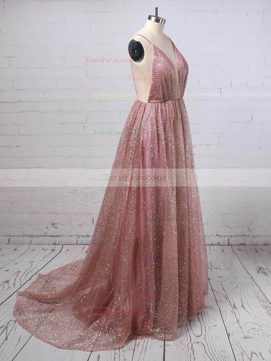 A-line V-neck Glitter Sweep Train Ruffles Prom Dresses #Favs020106556