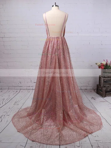 A-line V-neck Glitter Sweep Train Ruffles Prom Dresses #Favs020106556