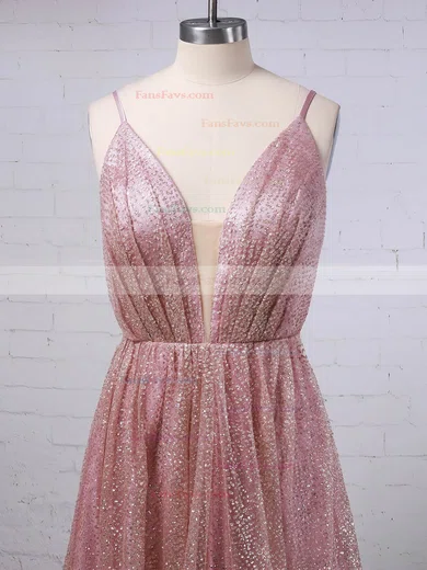 A-line V-neck Glitter Sweep Train Ruffles Prom Dresses #Favs020106556