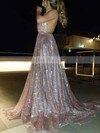 A-line V-neck Glitter Sweep Train Ruffles Prom Dresses #Favs020106556