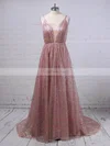 A-line V-neck Glitter Sweep Train Ruffles Prom Dresses #Favs020106556