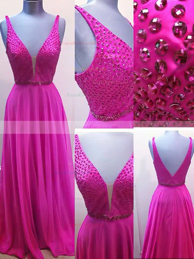 A-line V-neck Chiffon Sweep Train Beading Prom Dresses #Favs020102765