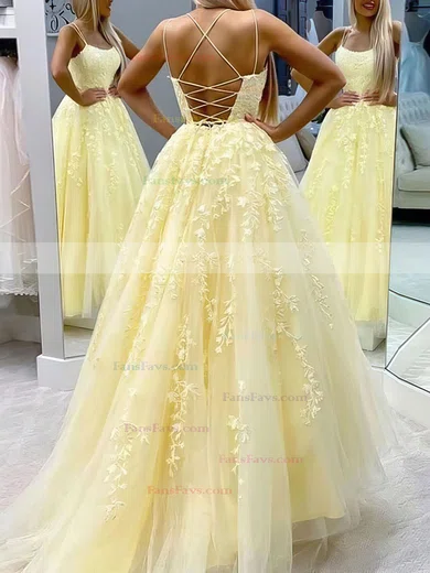 Princess Scoop Neck Tulle Sweep Train Appliques Lace Prom Dresses #Favs020106558