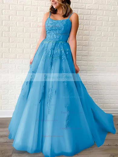 Princess Scoop Neck Tulle Sweep Train Appliques Lace Prom Dresses #Favs020106558