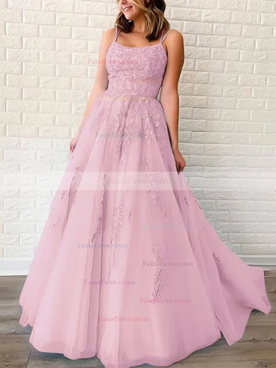 Princess Scoop Neck Tulle Sweep Train Appliques Lace Prom Dresses #Favs020106558