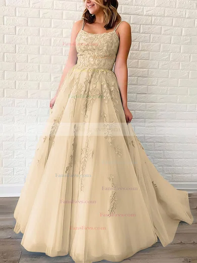Princess Scoop Neck Tulle Sweep Train Appliques Lace Prom Dresses #Favs020106558
