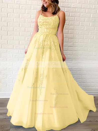 Princess Scoop Neck Tulle Sweep Train Appliques Lace Prom Dresses #Favs020106558