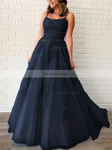 Princess Scoop Neck Tulle Sweep Train Appliques Lace Prom Dresses #Favs020106558