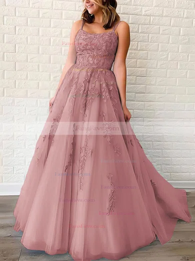 Princess Scoop Neck Tulle Sweep Train Appliques Lace Prom Dresses #Favs020106558