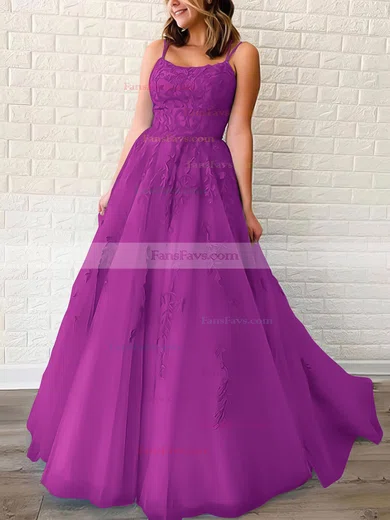 Princess Scoop Neck Tulle Sweep Train Appliques Lace Prom Dresses #Favs020106558