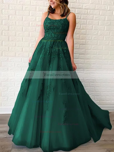 Princess Scoop Neck Tulle Sweep Train Appliques Lace Prom Dresses #Favs020106558