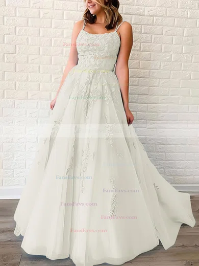 Princess Scoop Neck Tulle Sweep Train Appliques Lace Prom Dresses #Favs020106558