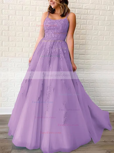 Princess Scoop Neck Tulle Sweep Train Appliques Lace Prom Dresses #Favs020106558