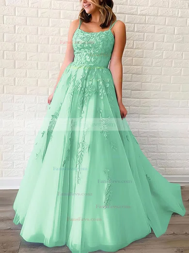 Princess Scoop Neck Tulle Sweep Train Appliques Lace Prom Dresses #Favs020106558