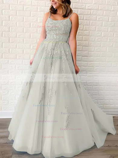 Princess Scoop Neck Tulle Sweep Train Appliques Lace Prom Dresses #Favs020106558