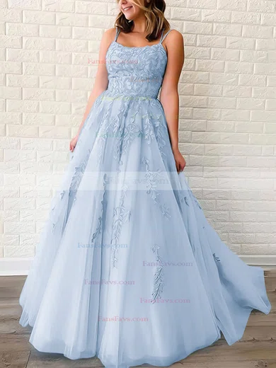 Princess Scoop Neck Tulle Sweep Train Appliques Lace Prom Dresses #Favs020106558