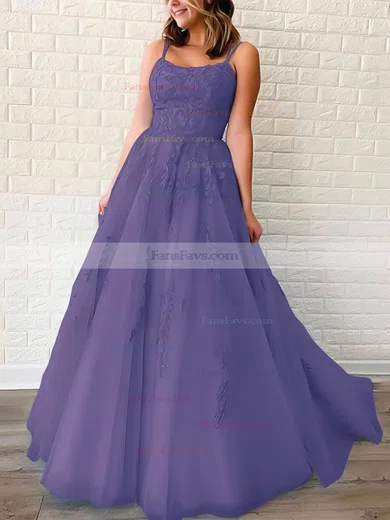 Princess Scoop Neck Tulle Sweep Train Appliques Lace Prom Dresses #Favs020106558