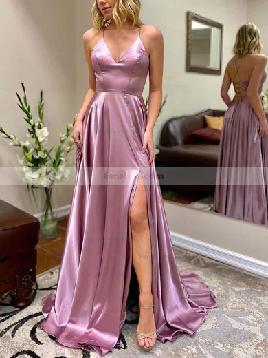 A-line V-neck Silk-like Satin Sweep Train Split Front Prom Dresses #Favs020106649