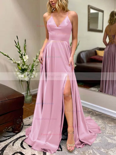 A-line V-neck Silk-like Satin Sweep Train Split Front Prom Dresses #Favs020106649