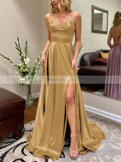 A-line V-neck Silk-like Satin Sweep Train Split Front Prom Dresses #Favs020106649