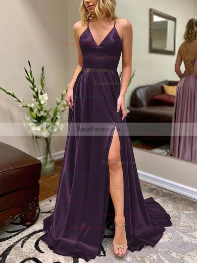 A-line V-neck Silk-like Satin Sweep Train Split Front Prom Dresses #Favs020106649