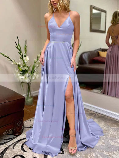 A-line V-neck Silk-like Satin Sweep Train Split Front Prom Dresses #Favs020106649
